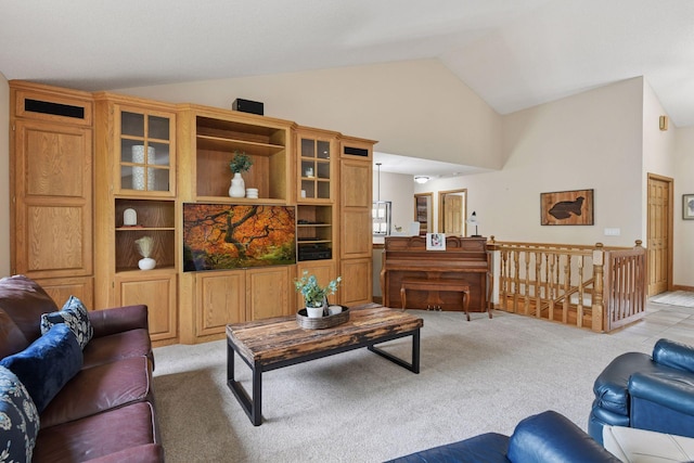21273 Floral Bay Dr N, Forest Lake, MN 55025 - living room featuring light carpet and high vaulted ceiling