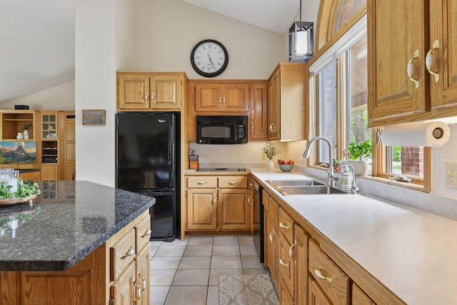 21273 Floral Bay Dr N, Forest Lake, MN 55025 - kitchen with black appliances, backsplash, high vaulted ceiling, light tile patterned flooring, and brown cabinetry