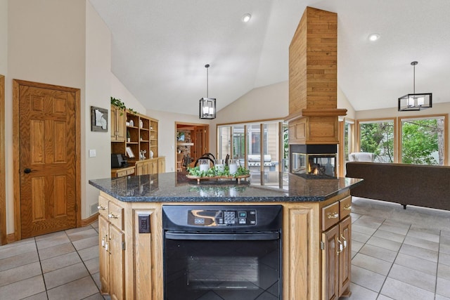 21273 Floral Bay Dr N, Forest Lake, MN 55025 - kitchen featuring vaulted ceiling, light tile patterned flooring, a kitchen island, open floor plan, and a multi sided fireplace