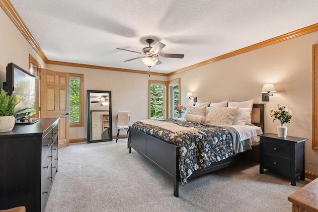 21273 Floral Bay Dr N, Forest Lake, MN 55025 - bedroom with light colored carpet, multiple windows, ornamental molding, a textured ceiling, and ceiling fan