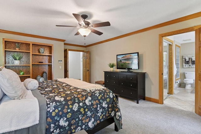 21273 Floral Bay Dr N, Forest Lake, MN 55025 - bedroom with light colored carpet, ensuite bath, ornamental molding, and ceiling fan