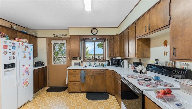 19157 181st Ave, Long Prairie, MN 56347 - kitchen featuring white fridge with ice dispenser, range with electric stovetop, a sink, light countertops, and brown cabinetry