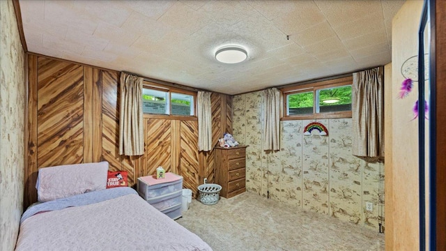 19157 181st Ave, Long Prairie, MN 56347 - bedroom with carpet floors, multiple windows, and wooden walls