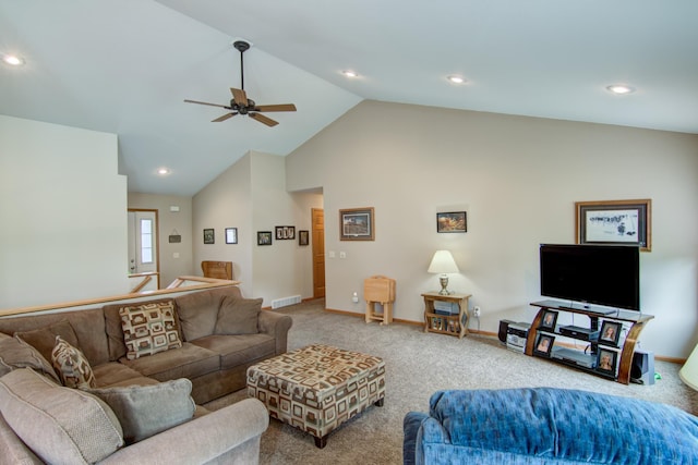 N5024 558th St, Menomonie, WI 54751 - living room featuring a ceiling fan, carpet floors, baseboards, recessed lighting, and high vaulted ceiling