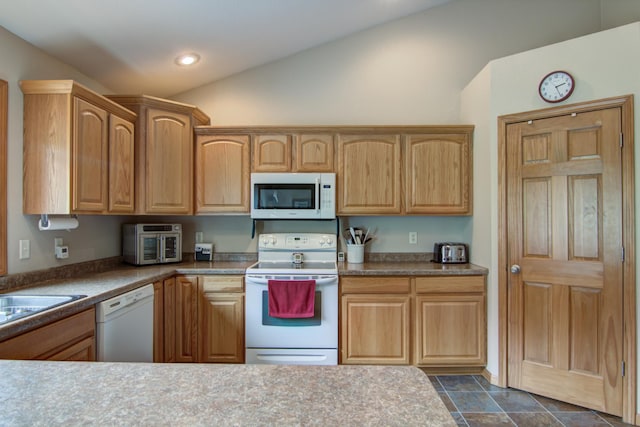 N5024 558th St, Menomonie, WI 54751 - kitchen featuring white appliances, vaulted ceiling, a sink, and recessed lighting