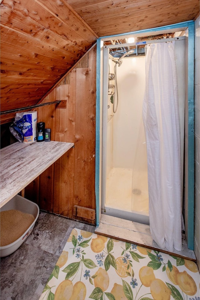2159 Nortonia Ave, Saint Paul, MN 55119 - bathroom featuring wooden ceiling, lofted ceiling, wood walls, and a shower with curtain