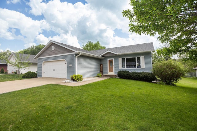 single story home featuring an attached garage, a front lawn, concrete driveway, and a shingled roof