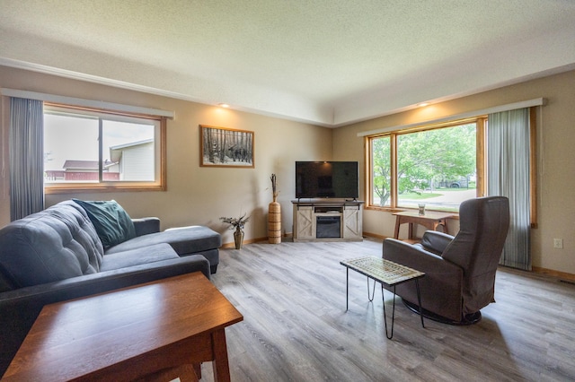 living area with wood finished floors and baseboards