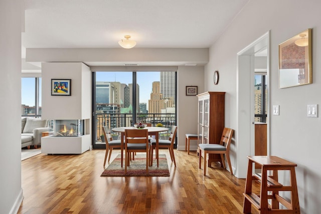 100 3rd Ave S Unit 1107, Minneapolis, MN 55401 - dining area featuring wood finished floors, a view of city, and a multi sided fireplace