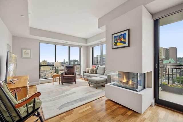 100 3rd Ave S Unit 1107, Minneapolis, MN 55401 - living area with a view of city, plenty of natural light, light wood-type flooring, and a multi sided fireplace