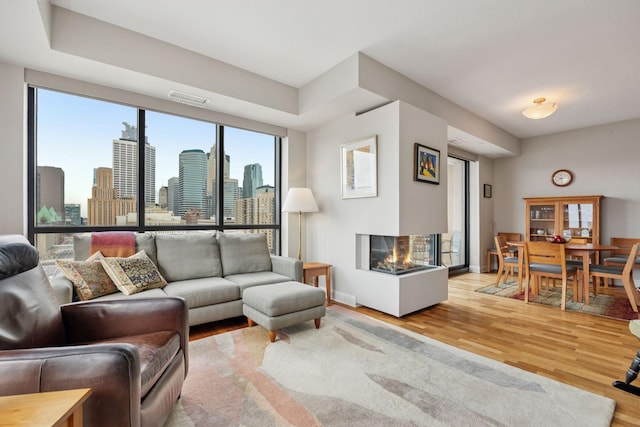 100 3rd Ave S Unit 1107, Minneapolis, MN 55401 - living room with light wood-style flooring, a multi sided fireplace, and a view of skyline
