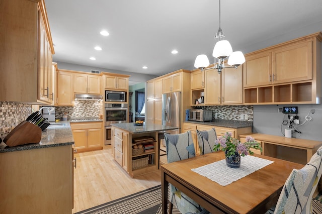 1665 3rd St SW, New Brighton, MN 55112 - kitchen with open shelves, light brown cabinetry, a sink, appliances with stainless steel finishes, and backsplash