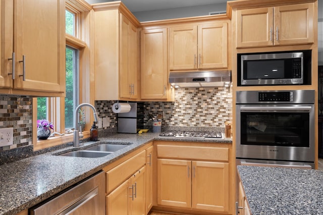 1665 3rd St SW, New Brighton, MN 55112 - kitchen with appliances with stainless steel finishes, a sink, under cabinet range hood, dark stone countertops, and backsplash