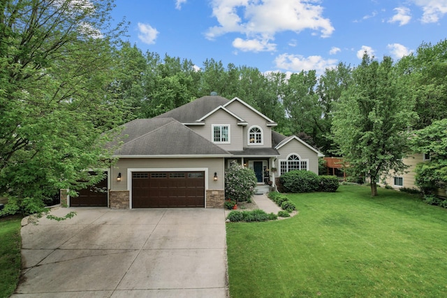 1665 3rd St SW, New Brighton, MN 55112 - view of front of property with a garage, driveway, a front lawn, stone siding, and a chimney