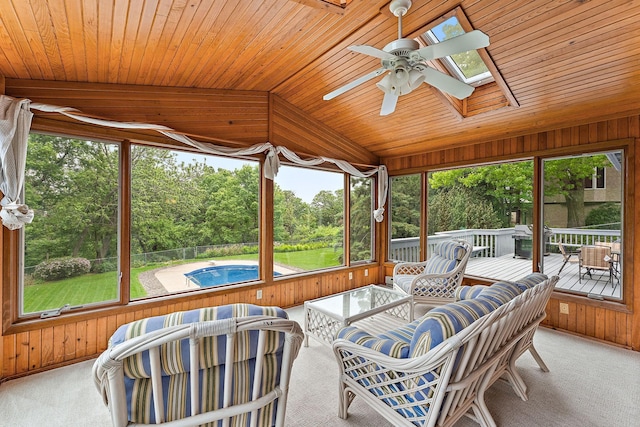 2501 112th St, Bloomington, MN 55431 - sunroom with a skylight, ceiling fan, lofted ceiling, and an outdoor hangout area