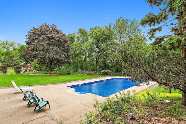 2501 112th St, Bloomington, MN 55431 - view of pool featuring a playground, a patio, and view of scattered trees