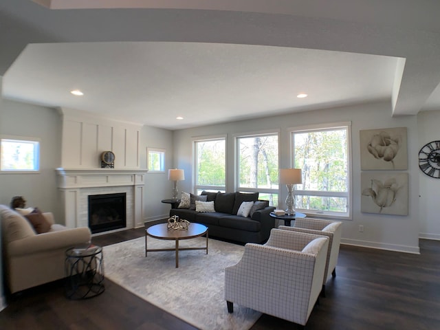 4605 130th Ln NE, Blaine, MN 55449 - living area featuring dark wood-style flooring, baseboards, recessed lighting, and a large fireplace