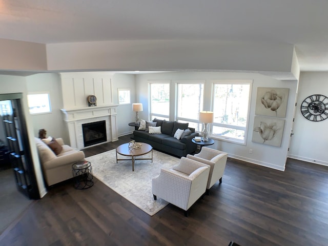 4605 130th Ln NE, Blaine, MN 55449 - living room featuring healthy amount of natural light, dark wood-style flooring, and a glass covered fireplace