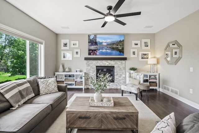 2940 Tiflawn Ct, Shakopee, MN 55379 - living area featuring ceiling fan, wood finished floors, a fireplace, and baseboards