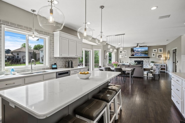 2940 Tiflawn Ct, Shakopee, MN 55379 - kitchen featuring a sink, a fireplace, dark wood-type flooring, white cabinets, and ceiling fan