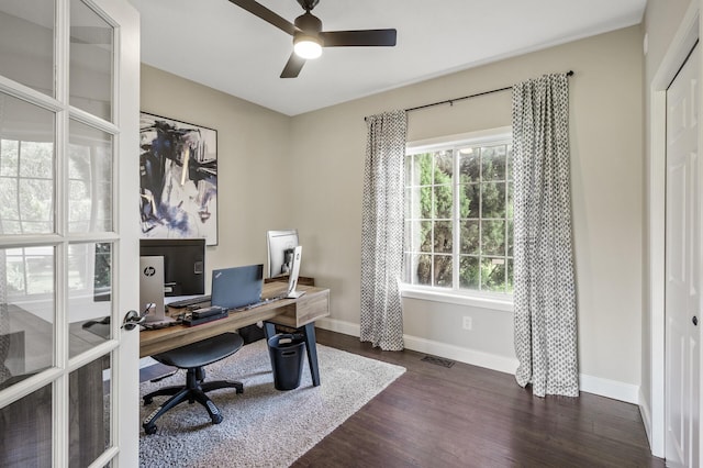 2940 Tiflawn Ct, Shakopee, MN 55379 - office area with dark wood finished floors, baseboards, and ceiling fan