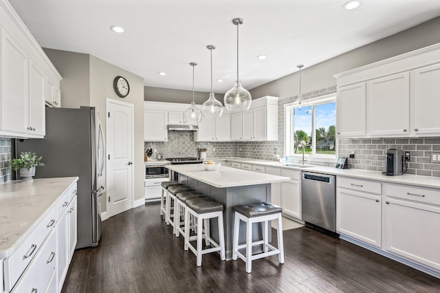 2940 Tiflawn Ct, Shakopee, MN 55379 - kitchen with stainless steel appliances, backsplash, a sink, white cabinetry, and under cabinet range hood