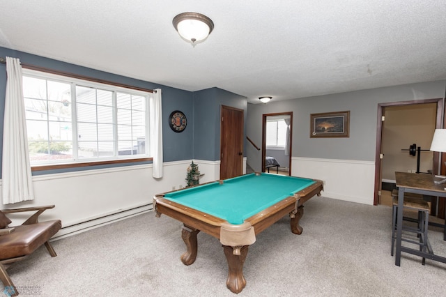 game room with carpet flooring, billiards, and a textured ceiling