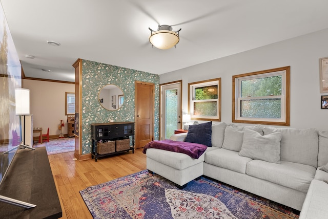4236 Salem Ave, Saint Louis Park, MN 55416 - living room with light wood-style flooring, plenty of natural light, wallpapered walls, and baseboards