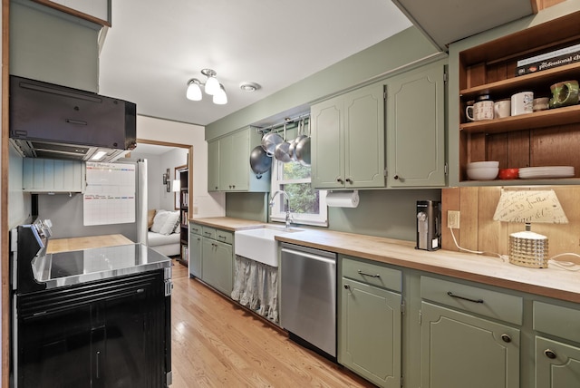 4236 Salem Ave, Saint Louis Park, MN 55416 - kitchen featuring dishwasher, green cabinetry, a sink, light wood-style floors, and open shelves