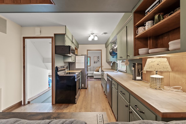 4236 Salem Ave, Saint Louis Park, MN 55416 - kitchen featuring stainless steel appliances, butcher block countertops, light wood-type flooring, open shelves, and a sink
