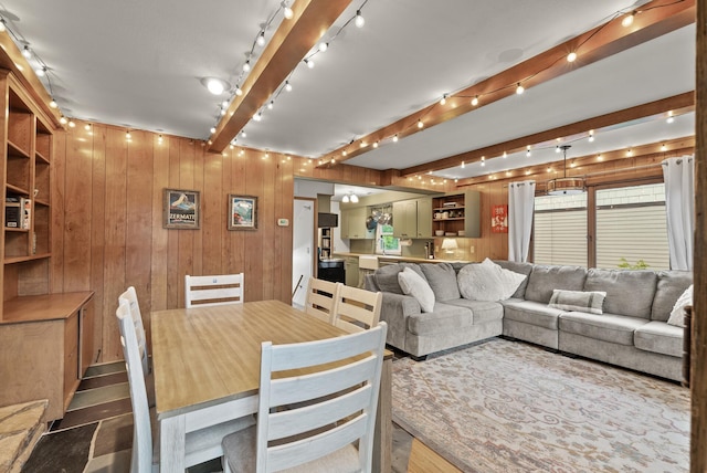 4236 Salem Ave, Saint Louis Park, MN 55416 - living area featuring rail lighting, wooden walls, and beamed ceiling