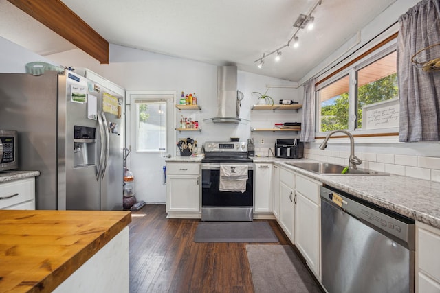 603 2nd Ave NW, Buffalo, MN 55313 - kitchen with stainless steel appliances, a sink, range hood, open shelves, and plenty of natural light