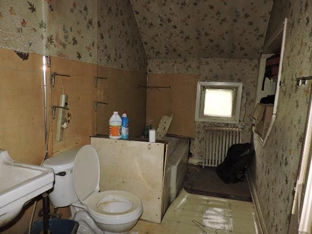 16166 Par Cir SW, Pine City Twp, MN 55063 - full bath featuring radiator, wallpapered walls, toilet, a sink, and vaulted ceiling