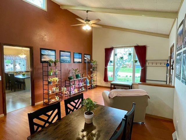 729 10th St E, Wabasha, MN 55981 - dining area with beam ceiling, healthy amount of natural light, wood finished floors, and high vaulted ceiling