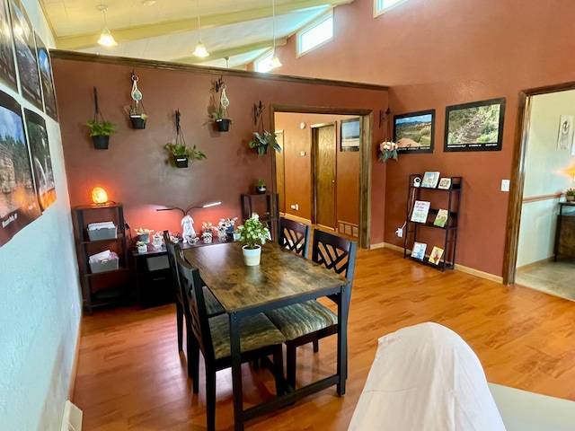 729 10th St E, Wabasha, MN 55981 - dining room featuring wood finished floors, baseboards, and lofted ceiling