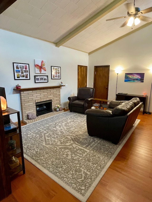 729 10th St E, Wabasha, MN 55981 - living area with wood finished floors, a fireplace, and ceiling fan