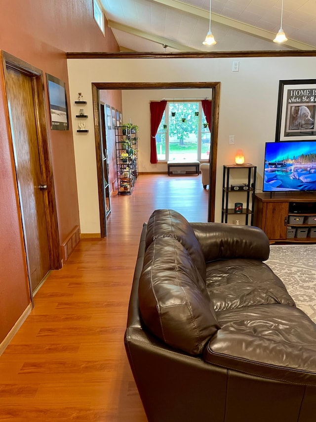729 10th St E, Wabasha, MN 55981 - living room with lofted ceiling, wood finished floors, baseboards, and ornamental molding