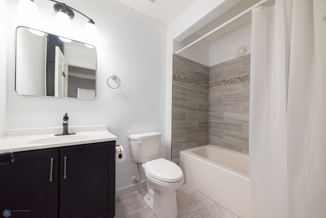 full bath with toilet, vanity, baseboards, shower / bath combo, and wood finished floors