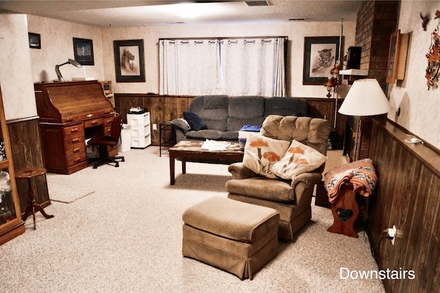 6449 Rice Ct, Lino Lakes, MN 55014 - living room featuring carpet floors, wainscoting, and wood walls