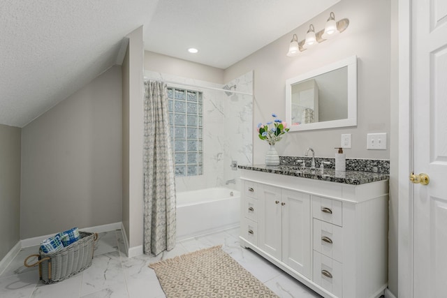full bath featuring shower / bathtub combination with curtain, vanity, marble look tiles, and baseboards