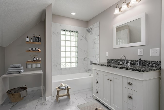 bathroom with marble finish flooring, bathing tub / shower combination, vanity, baseboards, and a textured ceiling