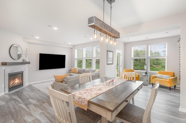 4892 Avery Ct, Eagan, MN 55123 - dining room featuring light wood-type flooring, a premium fireplace, recessed lighting, and baseboards