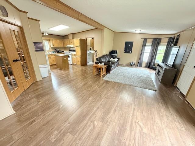 living room featuring light wood-style flooring, electric panel, and lofted ceiling