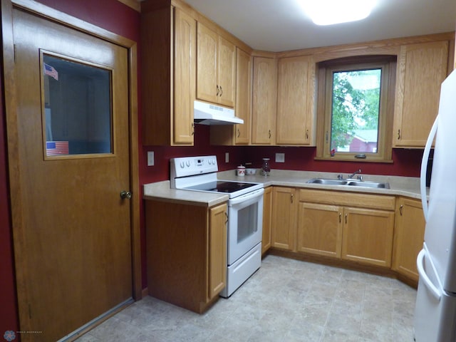 423 9th St N, Wahpeton, ND 58075 - kitchen with white appliances, under cabinet range hood, a sink, and light countertops