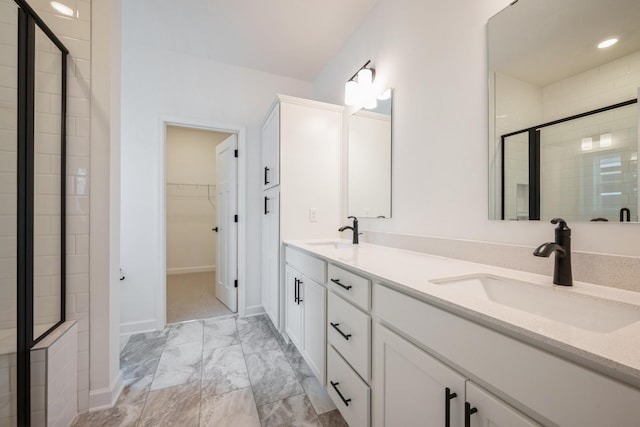 11405 Fieldstone Dr, Rogers, MN 55311 - bathroom with marble look tile flooring, a stall shower, a spacious closet, double vanity, and baseboards