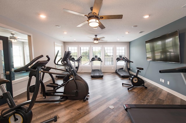 11405 Fieldstone Dr, Rogers, MN 55311 - workout area featuring a textured ceiling, wood finished floors, baseboards, a ceiling fan, and recessed lighting