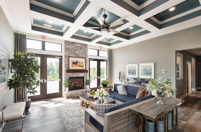 11405 Fieldstone Dr, Rogers, MN 55311 - living room with french doors, dark wood-type flooring, crown molding, a high ceiling, and beam ceiling