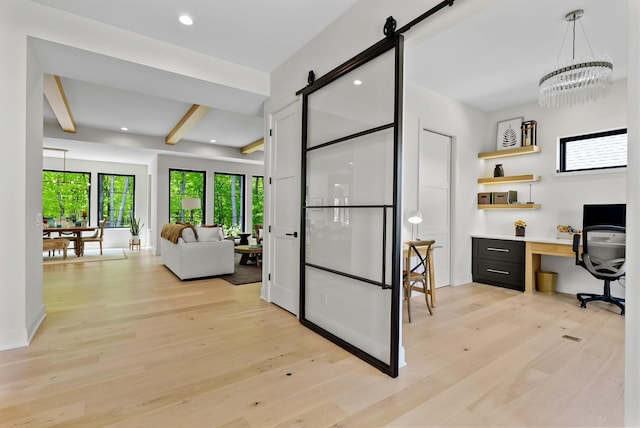 6407 Archer Ln N, Maple Grove, MN 55311 - home office with beamed ceiling, light wood-style floors, recessed lighting, a chandelier, and a barn door