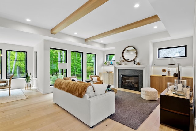 6407 Archer Ln N, Maple Grove, MN 55311 - living room featuring recessed lighting, light wood-style floors, beamed ceiling, a premium fireplace, and baseboards