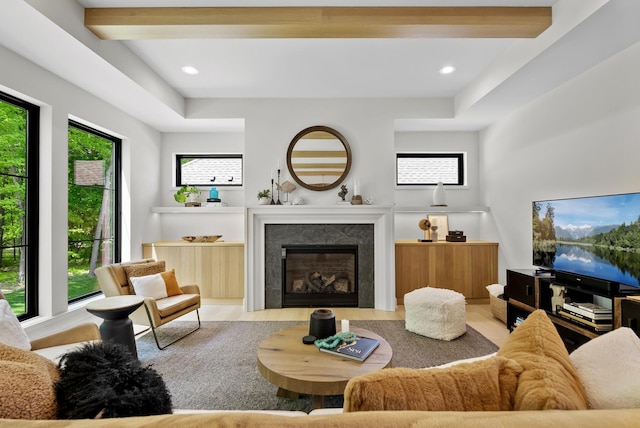 6407 Archer Ln N, Maple Grove, MN 55311 - living area with beam ceiling, a premium fireplace, recessed lighting, and wood finished floors